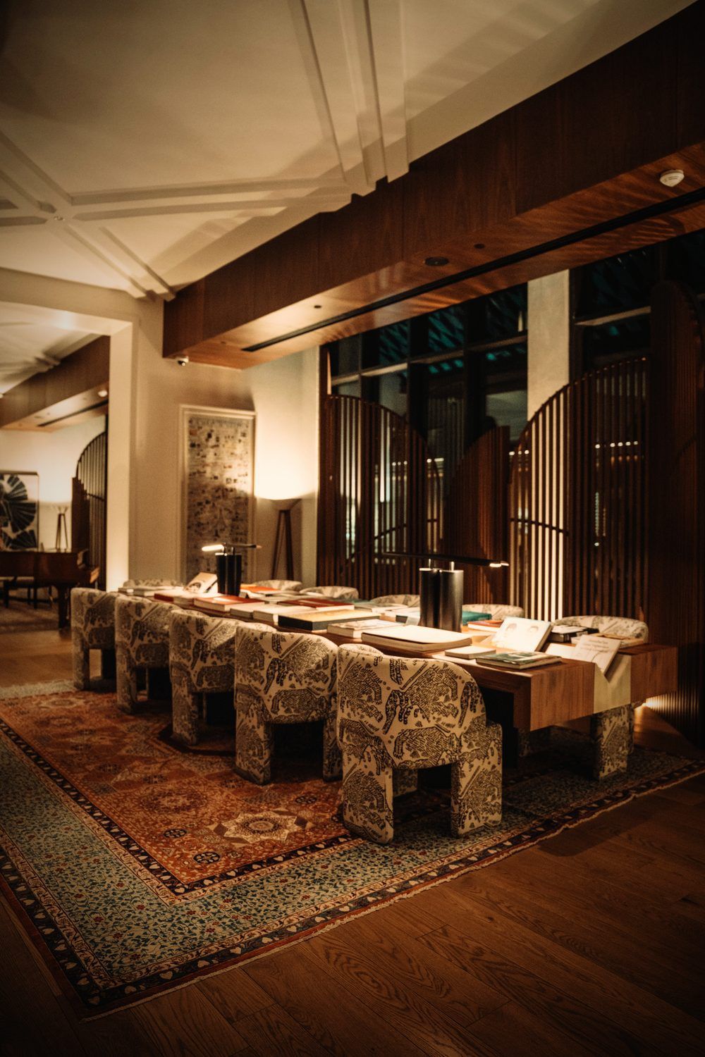 Low-lit lounge interior in a luxury hotel